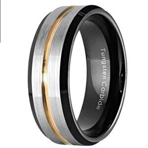 Mens Wedding Band 6mm Silver Brushed Black Edge Gold Line - Rings